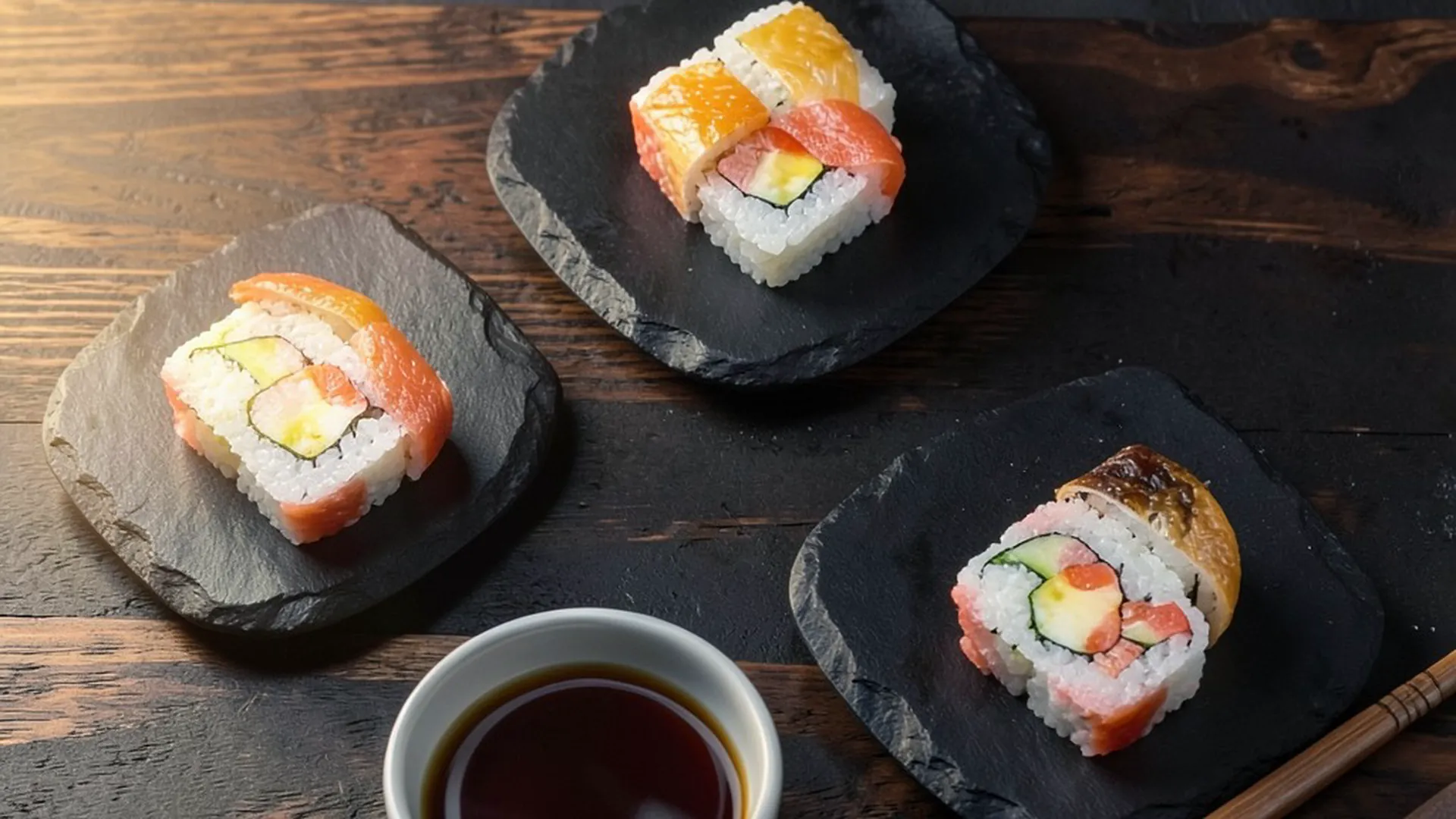 Cinco rolls clásicos en platos de pizarra sobre madera de nogal