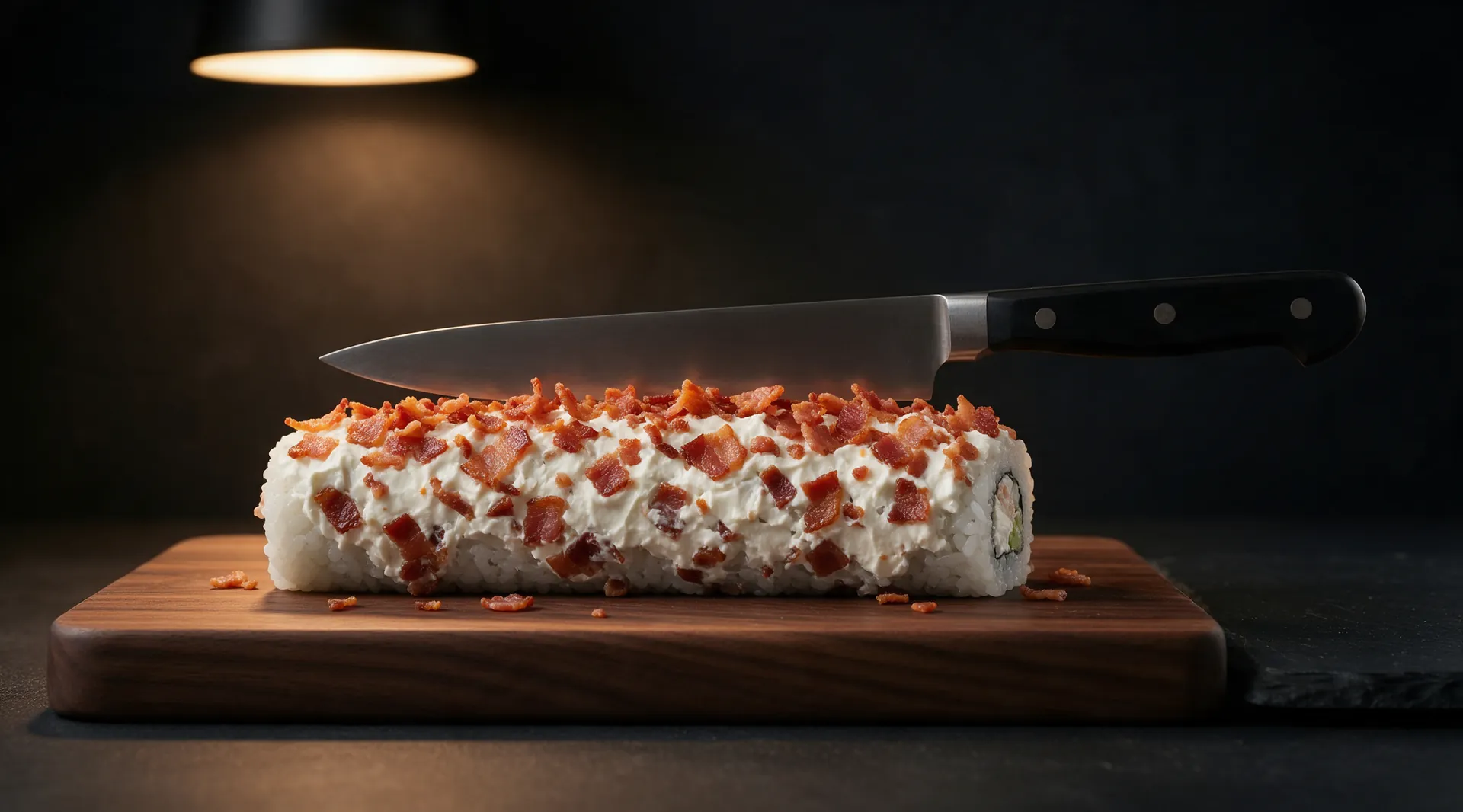 Mega Bacon Roll entero sobre una tabla de madera