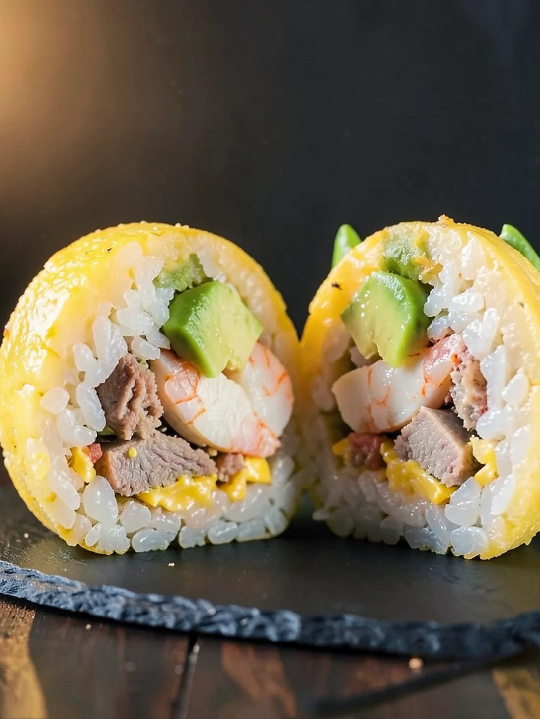 Sushi Bola Especial, bola de arroz frita abierta por la mitad