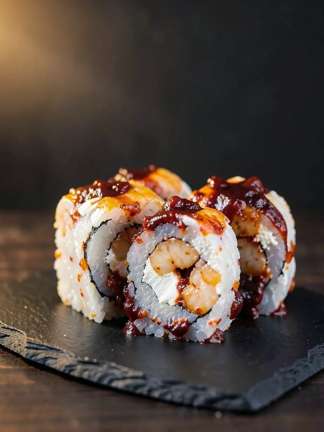Diabla Roll con camarones en salsa diabla sobre pizarra negra