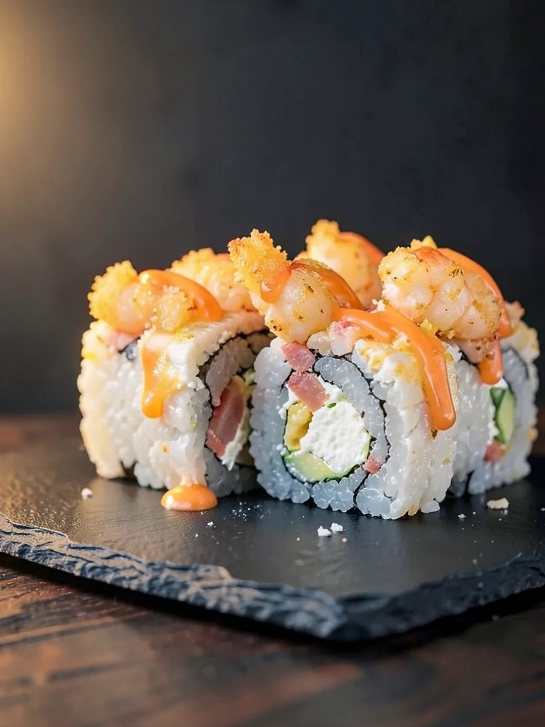 Mar y Tierra Roll con tocino y camarones empanizados sobre pizarra negra