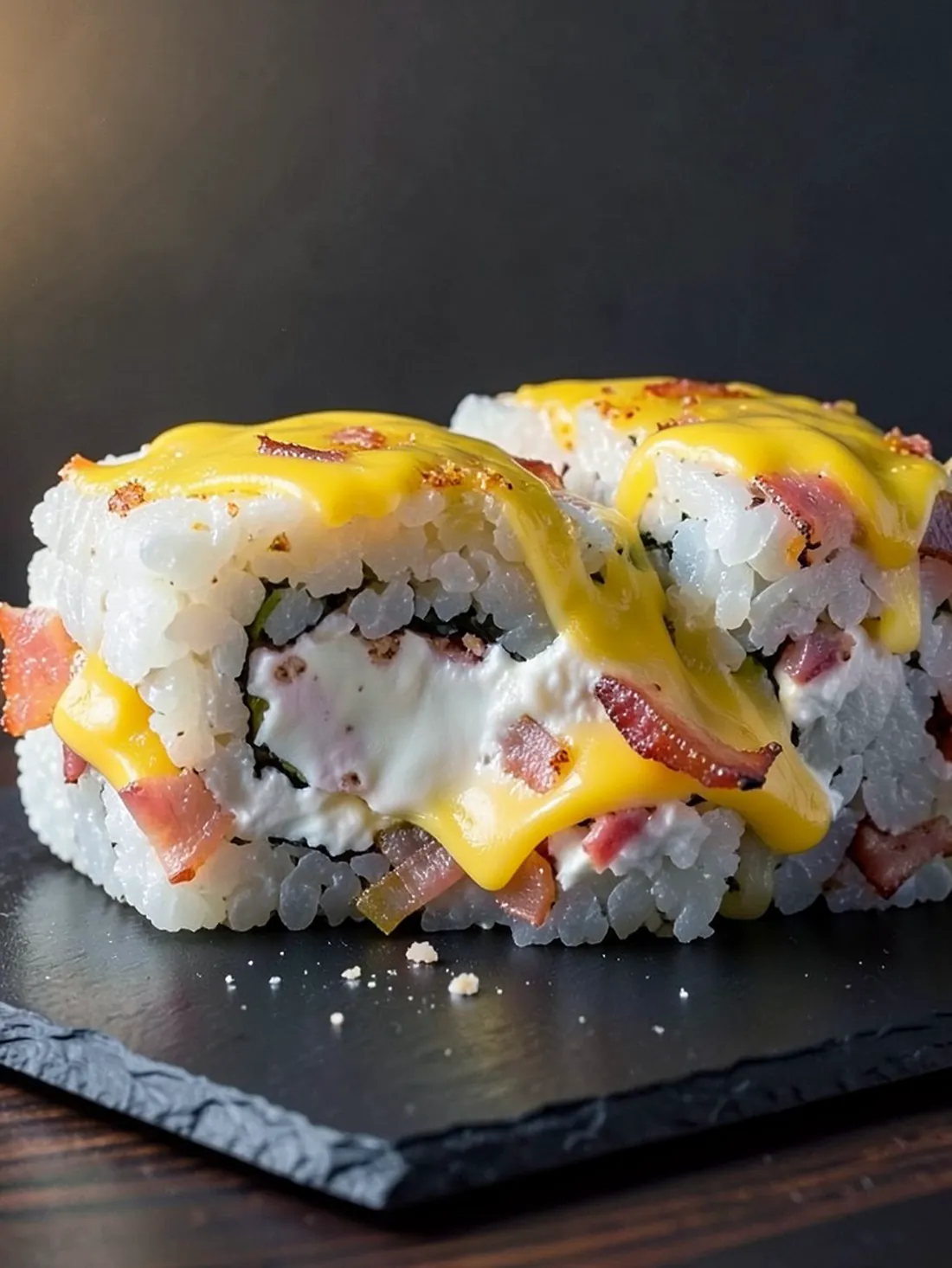 Mega Cheese Roll con tocino y queso manchego sobre pizarra negra