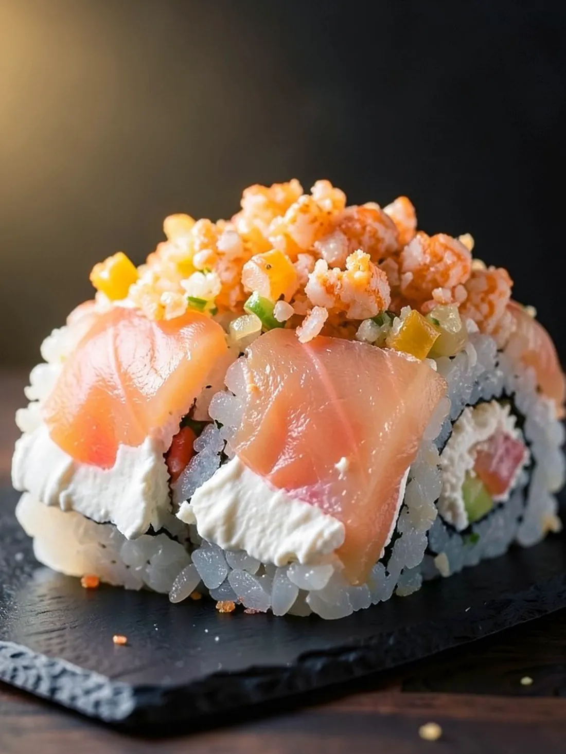 Salmón Roll cortado en piezas sobre pizarra negra