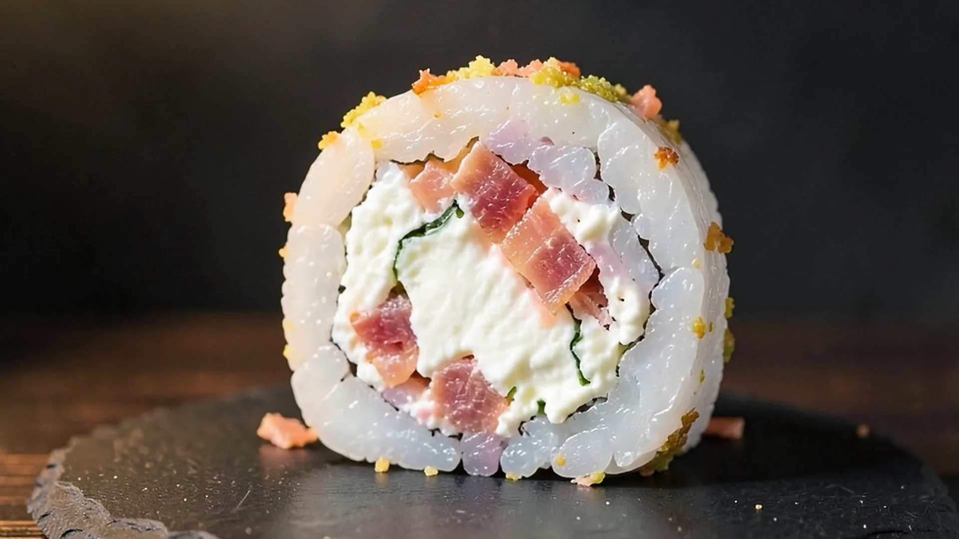 Mesa de madera para dos con platos de sushi y dos bebidas frías bajo una lámpara